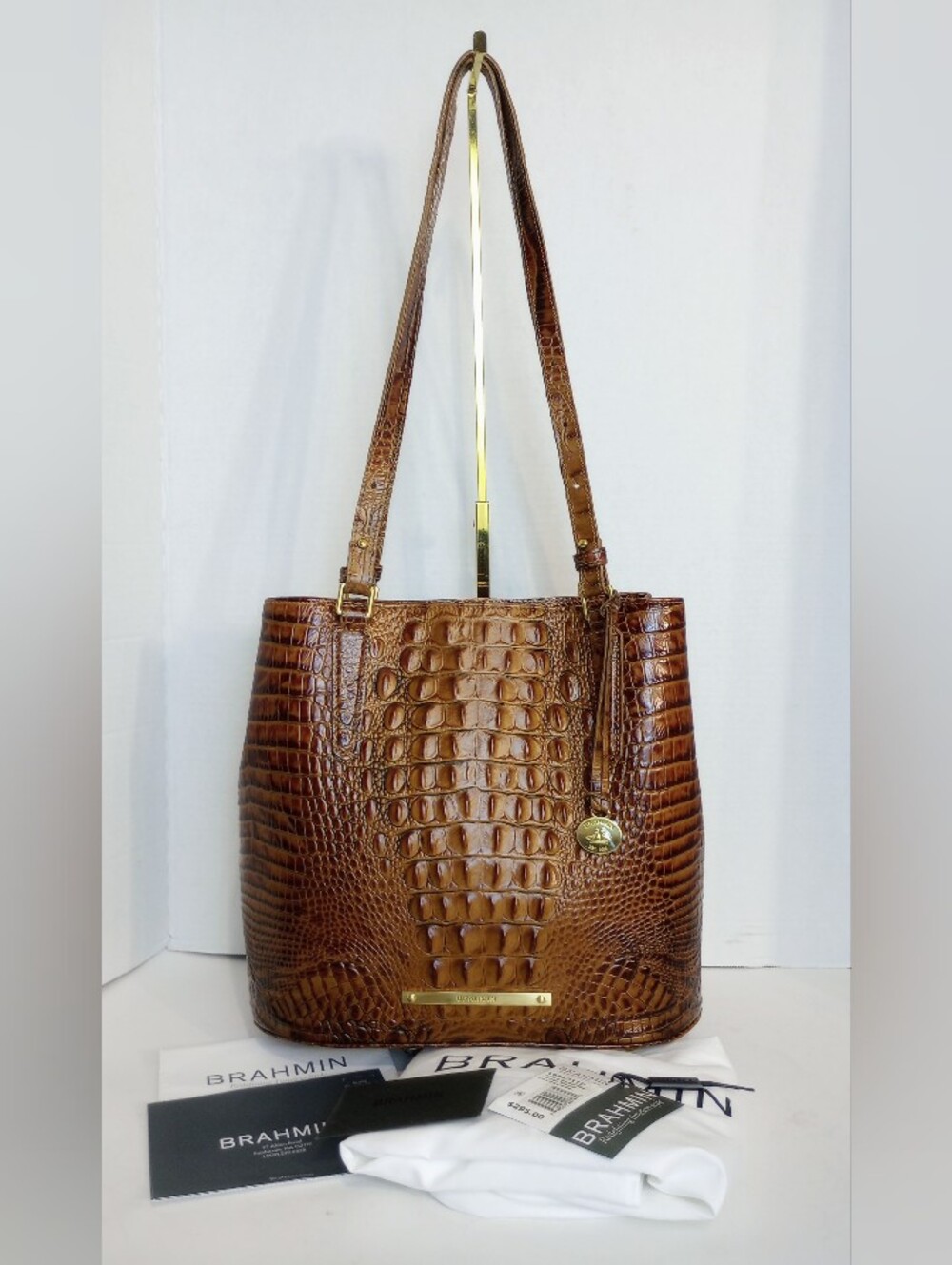 Brahmin Hudson Bucket Bag, Toasted Almond, Croc Embossed Leather Shoulder Bag